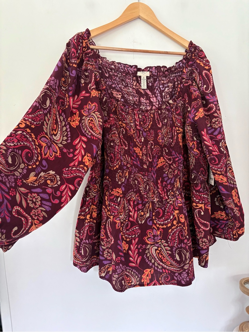 NWT ST JOHN’S BAY 3X Smocked 3/4 LS Blouse Top Paisley Burgundy Orange Purple